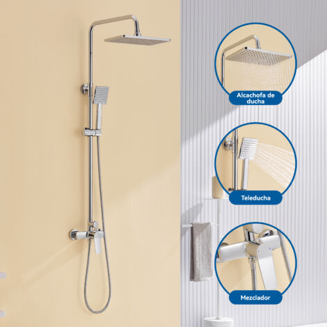 Auralum Columna de ducha mezclador, Conjunto de ducha Cuadrado, Set de ducha con Ducha de lluvia 29x19cm y teleducha, Altura ajustable después de instalación 90-124cm