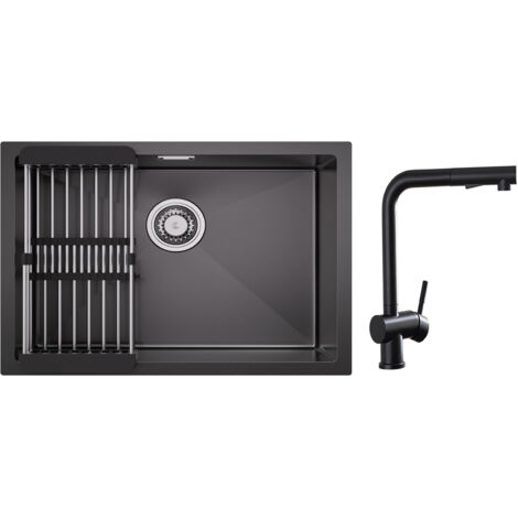 Fregadero de cocina de acero inoxidable de 1 seno de 60 × 44 cm con escurridor + grifos de cocina con rociador extraíble, grifo mezclador de fregadero negro (1/5)