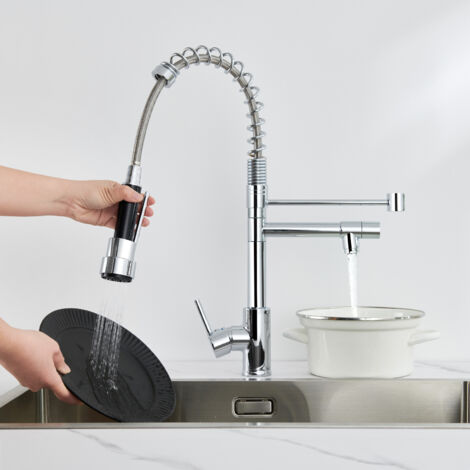 Auralum Grifo de cocina con 2 caños, 3 Modos de Grifo de cocina extraíble y Fijo, Giratorio 360° Grifo de Fregadero para Agua Fria y Caliente Ajustable