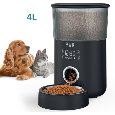Dispensador de comida de 4 l para perros y gatos, con cuenco de acero inoxidable, voz programable 10 segundos, pantalla táctil, de 1 a 5 comidas, color negro