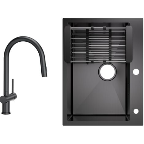Fregadero de cocina fabricado en acero inoxidable lavabo sobre encimera 60x45cm negro antracita + grifo de cocina extensible negro con 2 tipos de chorro alto 425MM (1/5)
