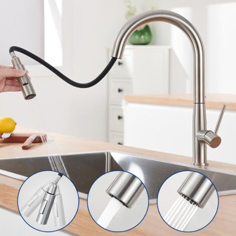 Auralum Grifo Cocina con Ducha extraíble de 45cm, 360° Giratorio Grifo de Fregadero con 2 modos de salida de agua, Monomando Grifo de Fregadero de acero inoxidable cepillado (1/5)