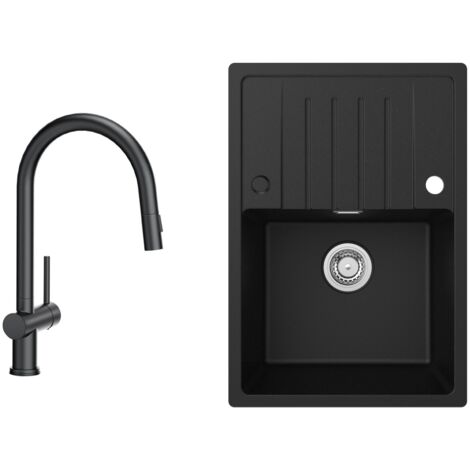 Fregadero de cocina 65x45cm fregadero de granito negro antracita con escurridor + grifo de cocina extensible negro con 2 tipos de chorro alto 425MM (1/5)