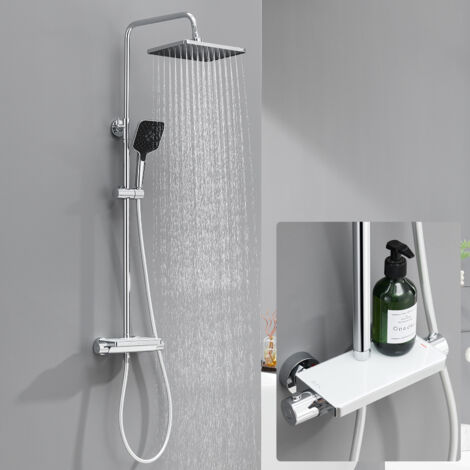 Sistema de ducha termostático, ducha de lluvia de acero inoxidable con ducha de mano de 3 funciones, ducha fija y repisa para baño, cromado (1/5)