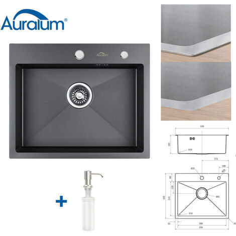 Fregadero Cocina de Acero Inoxidable 55 x 45cm Gris oscuro, Fregaderos Cuadrado con Dispensador de Jabón, Juego de Desagüe y Sifón, Sobre Encimera o Enrasado