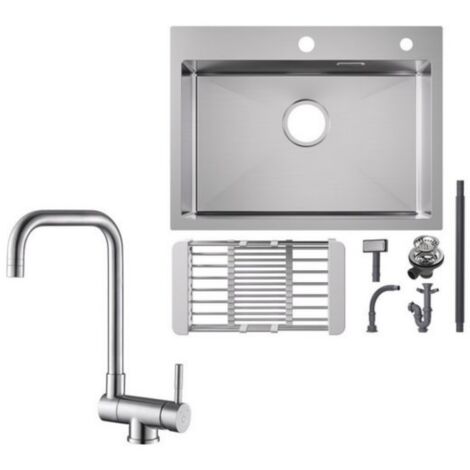 Fregadero de cocina de acero inoxidable, fregadero de encimera de 60x45cm, grifo de cocina cepillado + ventana, grifo de cocina cepillado de alto 355MM (1/5)