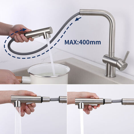 Grifo de cocina de 2 funciones Giratorio 360 grado con ducha extraíble 40cm Grifo Mezclador de fregadero de acero inoxidable de 7 Formas con aireador desmontable