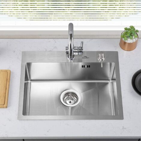 Fregadero Cocina de una cubeta de Acero Inoxidable 55x45cm, Fregadero Encastrado Cuadrado 1 Seno con 300ml Dispensador de Jabón, Set de Desagüe y Sifón
