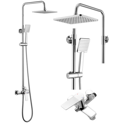 Auralum Columna de ducha con Ducha Monomando Cromo, Conjunto de ducha con Ducha de Lluvia y Ducha de Mano, Altura ajustable tras la instalación 900-1240mm