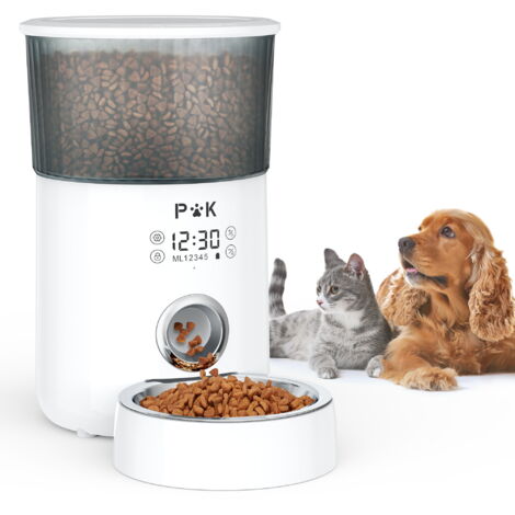 PUPPY KITTY Dispensador de comida para perros y gatos de 4 l con recipiente de acero inoxidable, voz programable 10 segundos, pantalla táctil, de 1 a 5 comidas, color blanco