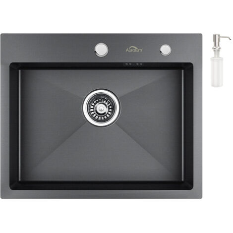 Fregadero empotrado hecho a mano 55 x 45cm Fregadero de Cocina 1 Seno Acero Inoxidable Gris oscuro Con 300ml Dispensador de Jabón,Desagüe y Sifón