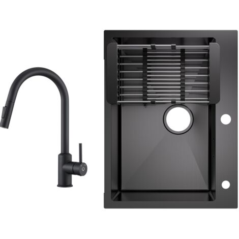 Fregadero de cocina fabricado en acero inoxidable lavabo sobre encimera 60x45cm negro antracita + grifo de cocina extensible negro con 2 tipos de chorro altura 404MM (1/5)