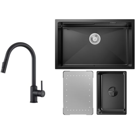 Fregadero de cocina 1,5 senos 70 x 44 cm fregadero de acero inoxidable fregadero bajo encimera antracita + grifo de cocina extensible negro con 2 tipos de chorro alto 404MM (1/5)