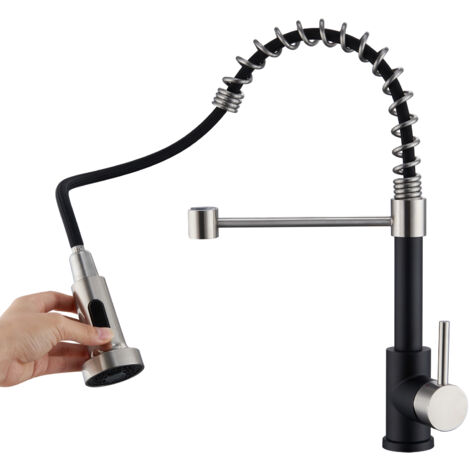 Auralum Grifo de Cocina con Ducha Extraíble, Grifo Cocina de Alto Presión de Acero inoxidable, Giratorio de 360° Monomando de Fregadero, Negro (1/5)