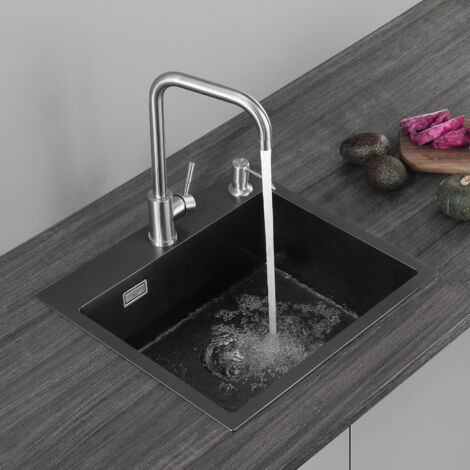 Cecipa Fregadero de una cubeta Fregadero sobre Encimera ou Empotrado Fregadero Cocina 50 x 45 x 18,5 cm Fregadero de Cocina Cuadrado Acero Inoxidable sin Dispensador de Jabón (Negro gris)