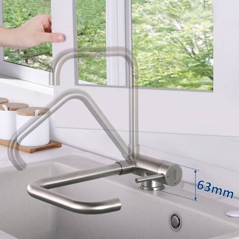 Lonheo Grifo de Cocina Abatible de Acero inoxidable cepillado, Plegable y Giratorio 360 Mezclador Monomando Grifo de Fregadero, Grifo Cocina con Aereador extraíble (1/5)