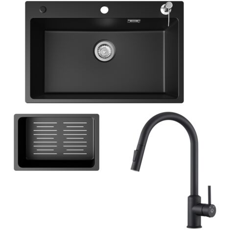 Fregadero de cocina fregadero de granito negro antracita 70x45cm con dispensador de jabón + grifo de cocina extensible negro con 2 tipos de chorro alto 404MM (1/5)