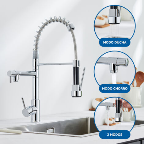 Auralum Grifo de cocina con 2 caños y 3 modos de salida de agua, Flexible Grifo cocina, Giratorio 360° Grifo de fregadero, Mezclador de cocina de dos mandos, Cromo (1/5)