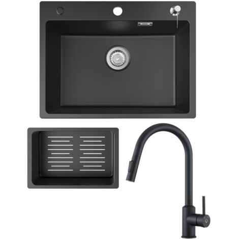 Fregadero de cocina fregadero de granito negro antracita 60x45 cm con dispensador de jabón + grifo de cocina extensible negro con 2 tipos de chorro alto 404 mm (1/5)
