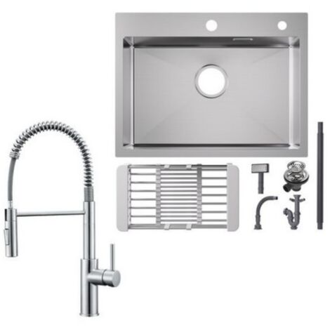 Fregadero de cocina de acero inoxidable 60 x 45 cm lavabo sobre encimera cepillado + grifo de cocina con resorte cepillado con 2 tipos de chorro grifo de cocina alto 480 mm (1/5)