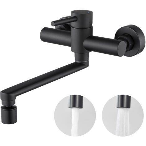 CECIPA grifo de cocina de pared grifo de fregadero de cocina negro grifo de acero inoxidable 2 tipos de chorro giratorio 360°