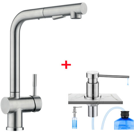 Cecipa Grifo de Cocina Extraíble Cepillado, Grifo de Cocina con Ducha Dos Tipos de Chorro de Agua + Dispensador de Jabón de Cocina con Contenedor de 300 ML Cepillado