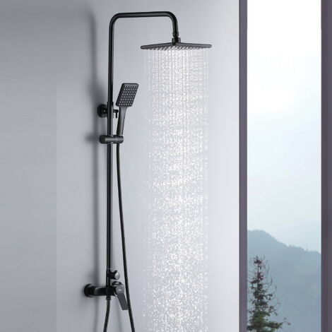 Auralum Columna de ducha con mezclador mecánico , Conjunto de ducha con Cuadrado Rociadores de ducha y Ducha de Mano, Altura Ajustable de 90 a 124 cm