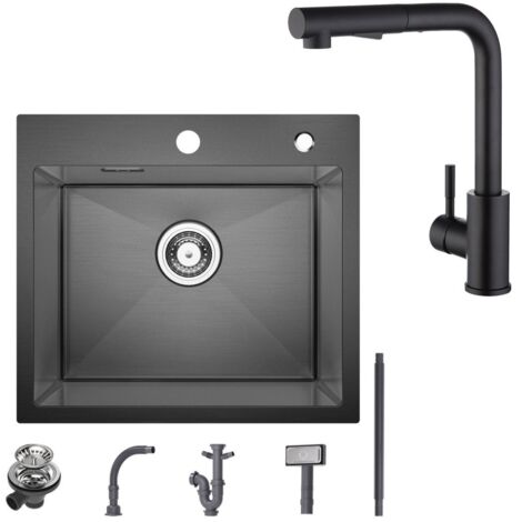 Fregadero de 1 seno Fregadero de acero inoxidable de 50×45 cm negro antracita + grifo de cocina con 2 tipos de chorro grifo para fregadero extraíble negro, altura 345 mm