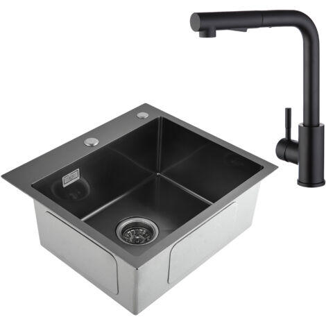 CECIPA 2 en 1 Fregadero de Cocina Negro 50 x 45 x 18,5 cm + Grifería de Cocina Extraíble de Acero Inoxidable Negro
