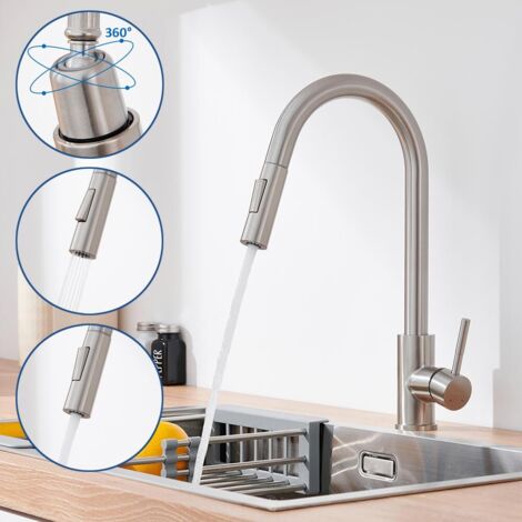 Lonheo Grifo de Cocina Extraíble con 2 Funciones, Giratorio a 360° Grifo de Fregadero Monomando Cocina en Acero Inoxidable, Aireador desmontable