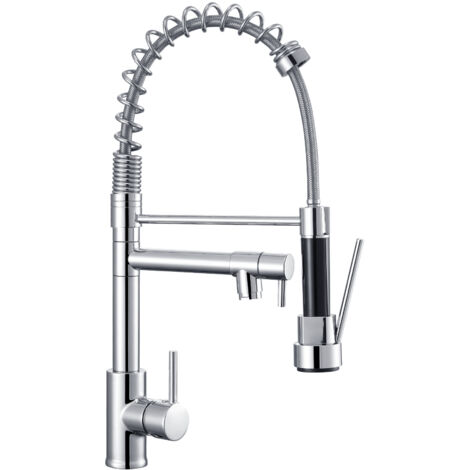 Auralum Grifo de cocina con muelle, giratorio 360°, grifo de fregadero con dos caños, grifo para cocina y ducha extensible, Mezclador de Cocina de latón Cromado