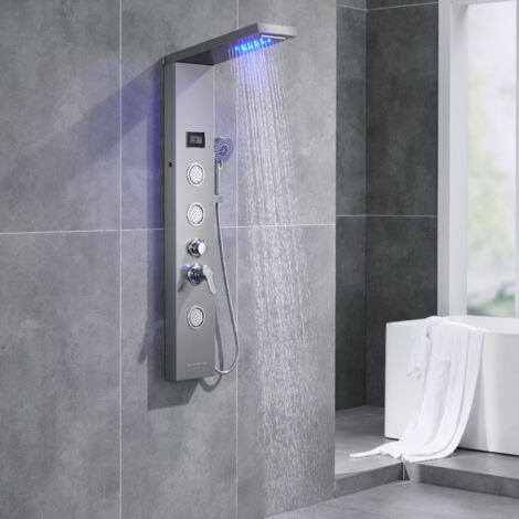 Sistema de Panel de Ducha LED en acero inoxidable, 5 Funciones Columnas de ducha Hidromasaje , Ducha de Lluvia, Ducha de Mano, Cascada y Chorros de Masaje SPA