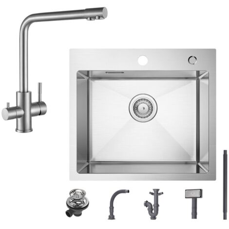 Fregadero de 1 seno Fregadero de acero inoxidable de 50 × 45 cm cepillado + grifo de cocina cepillado grifo de fregadero 3 en 1, altura 344 mm
