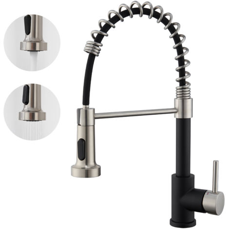 Grifo de Cocina con 2 Funciones Ducha Extraíble Mezclador Monomando para Fregadero 360° Giratorio para Agua Fría y Caliente en Acero inoxidable Negro