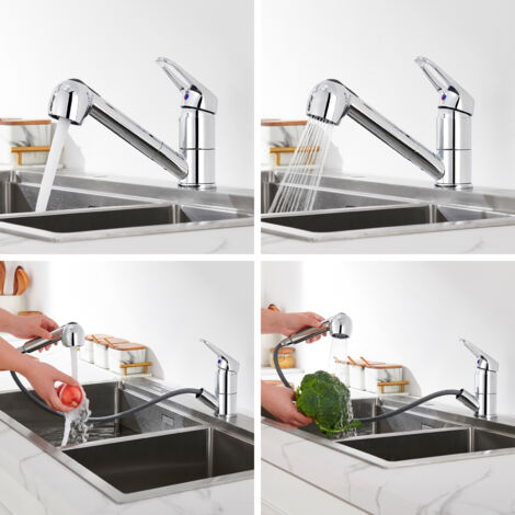 Auralum Grifo Cocina con Ducha Extraible 70cm, Grifo de Fregadero con 2 Modos de Rociador, Giratorio a 360° Grifo Fregadero Monomando, Agua Frío y Calor Regulable, Cromado (1/5)