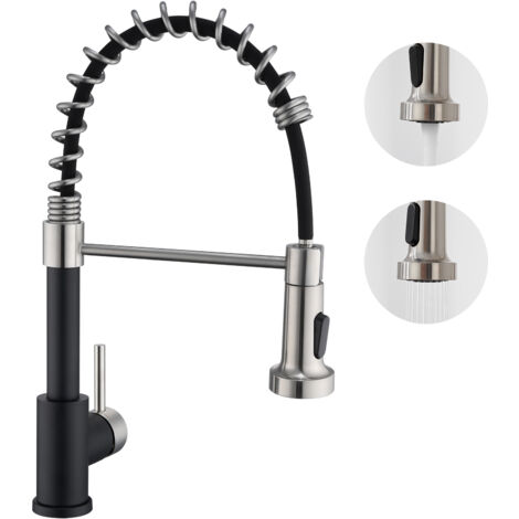 Auralum Grifo Cocina Extraíble de Acero inoxidable, Giratorio de 360° Monomando de Fregadero grifo con 2 Modos 2 Boquillas y Manguera para Agua Fría y Caliente, Negro