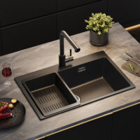 Fregadero de granito 70 × 45 cm, fregadero de cocina de granito con escurridor, fregadero de sobre encimera, sifón, desagüe y rebosadero incluidos
