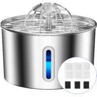 Balimo Fuente para gatos de acero inoxidable de 2,2 L, súper silenciosa, con sistema de filtrado cuádruple y luz LED, con 3 filtros de carbón activado