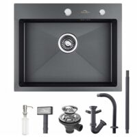 Fregadero de Cocina de un Seno 55x45cm gris antracita, Fregadero Encastrado Cuadrado de Acero Inoxidable con 300ml Dispensador de Jabón, Set de Desagüe y Sifón