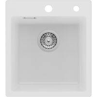 Fregadero de granito de 40 x 45 cm, fregadero de granito blanco, fregadero pequeño de cocina de granito, fregadero de encastre con sifón, desagüe y rebosadero