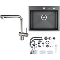 Fregadero de Cocina 55 x 45cm + Grifo de cocina con ducha extraíble en Acero inoxidable, con Dispensador de Jabón 300ml y Sifón set