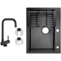 Fregadero de cocina de acero inoxidable 60x45cm lavabo sobre encimera negro antracita + grifo de cocina con ventana negro alto 355MM