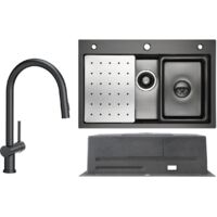 Fregadero de cocina de acero inoxidable 70x45cm negro antracita con escurridor + grifo de cocina extraíble negro con 2 tipos de chorro alto 425MM