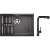 Fregadero de cocina de acero inoxidable de 1 seno de 60 × 44 cm con escurridor + grifo mezclador de cocina negro con rociador extraíble y 2 modos de rociado