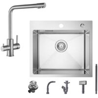 Fregadero de 1 seno Fregadero de acero inoxidable de 50 × 45 cm cepillado + grifo de cocina cepillado grifo de fregadero 3 en 1, altura 344 mm