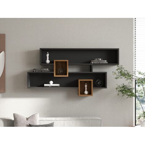 Estantería de pared en nogal y antracita, 120x75x22 cm, para salón elegante o despacho profesional.