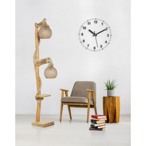 Lámpara de pie con doble pantalla de madera natural, Ø24 cm, altura total 140 cm, casquillo E27, para salón rústico.