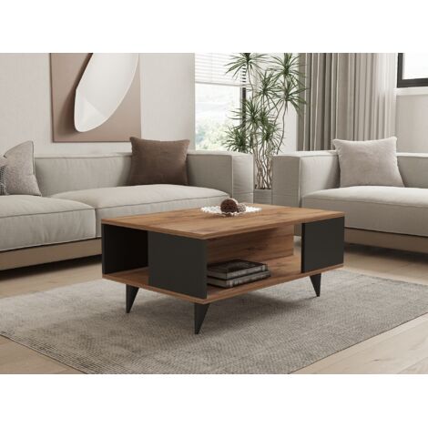 Mesa de centro en nogal y negro, dos niveles con almacenaje, 90x39,5x60 cm, para salón o dormitorio