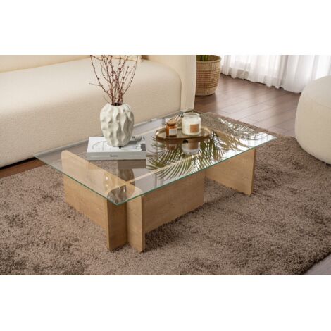 Mesa de centro rectangular nido de cristal fijo en madera de roble de 105 x 65 x 30 cm para salón u oficina (1/5)