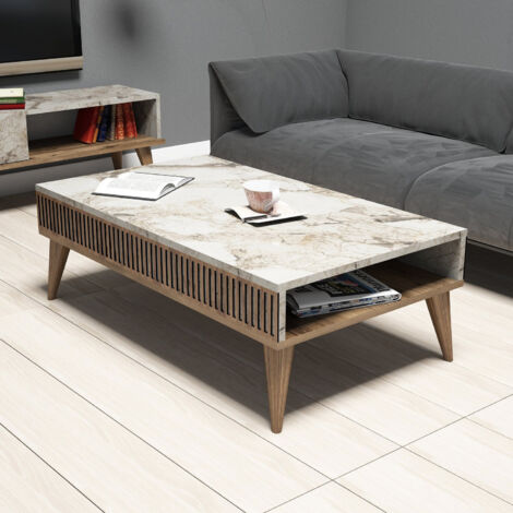 Mesa de centro Kailua B101, Nuez + Mármol blanco, 35x60x105cm, Aglomerado laminado, Angular